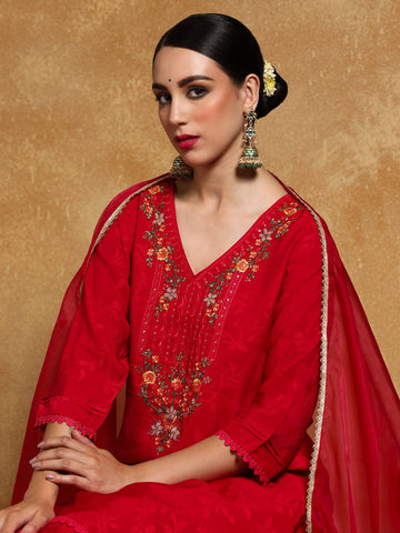 Varanga Women Floral Motif Thread Embroidered Yoke Kurta with Trouser & Dupatta